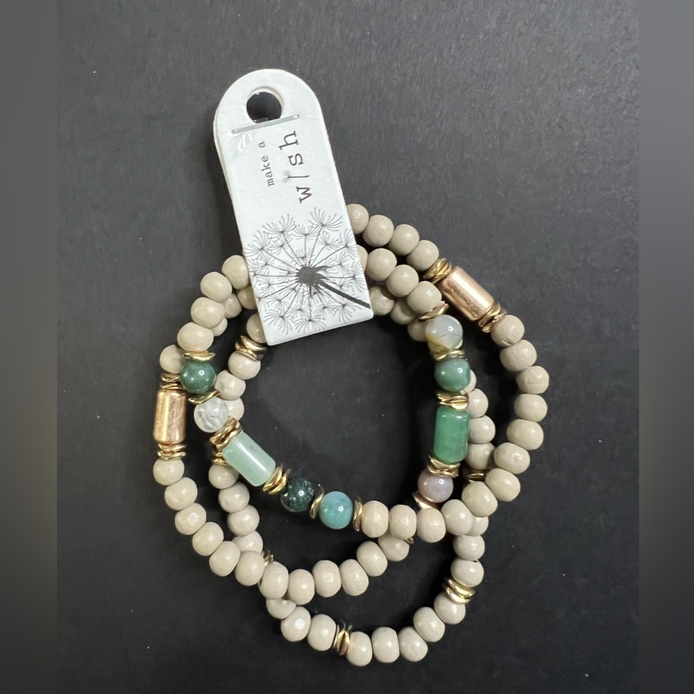 Tan and Green Beaded Stretch Bracelets ~ Set of 3
